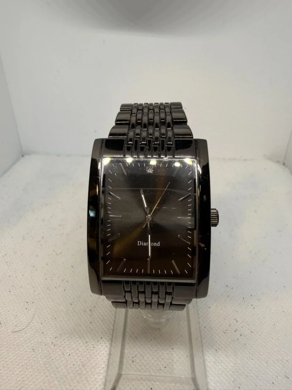 Diamond Brand Mens Black Tonneau Case Watch Linked Metal Band Quartz